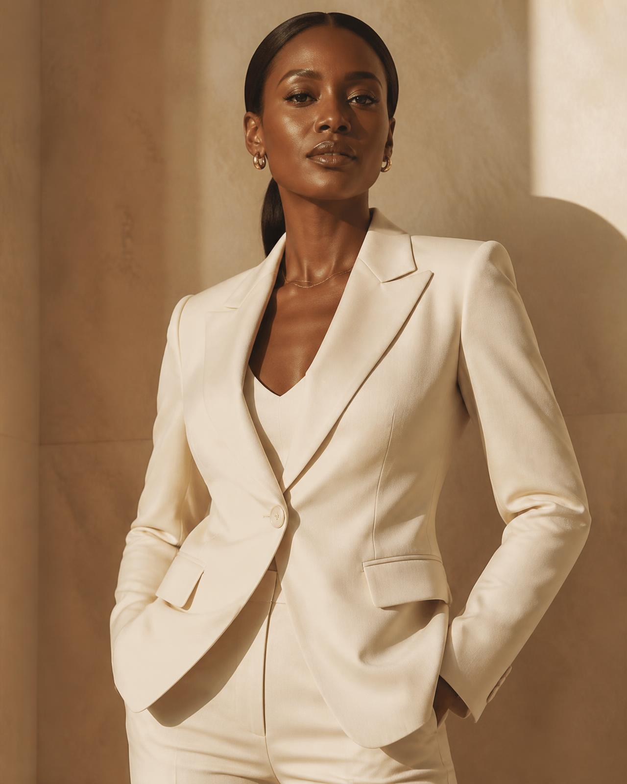 A composed executive woman in a tailored ivory suit